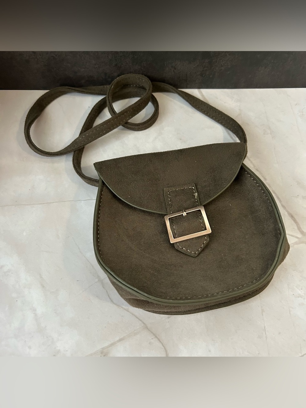 Olive Green Suede Crossbody Bag with Buckle Accent